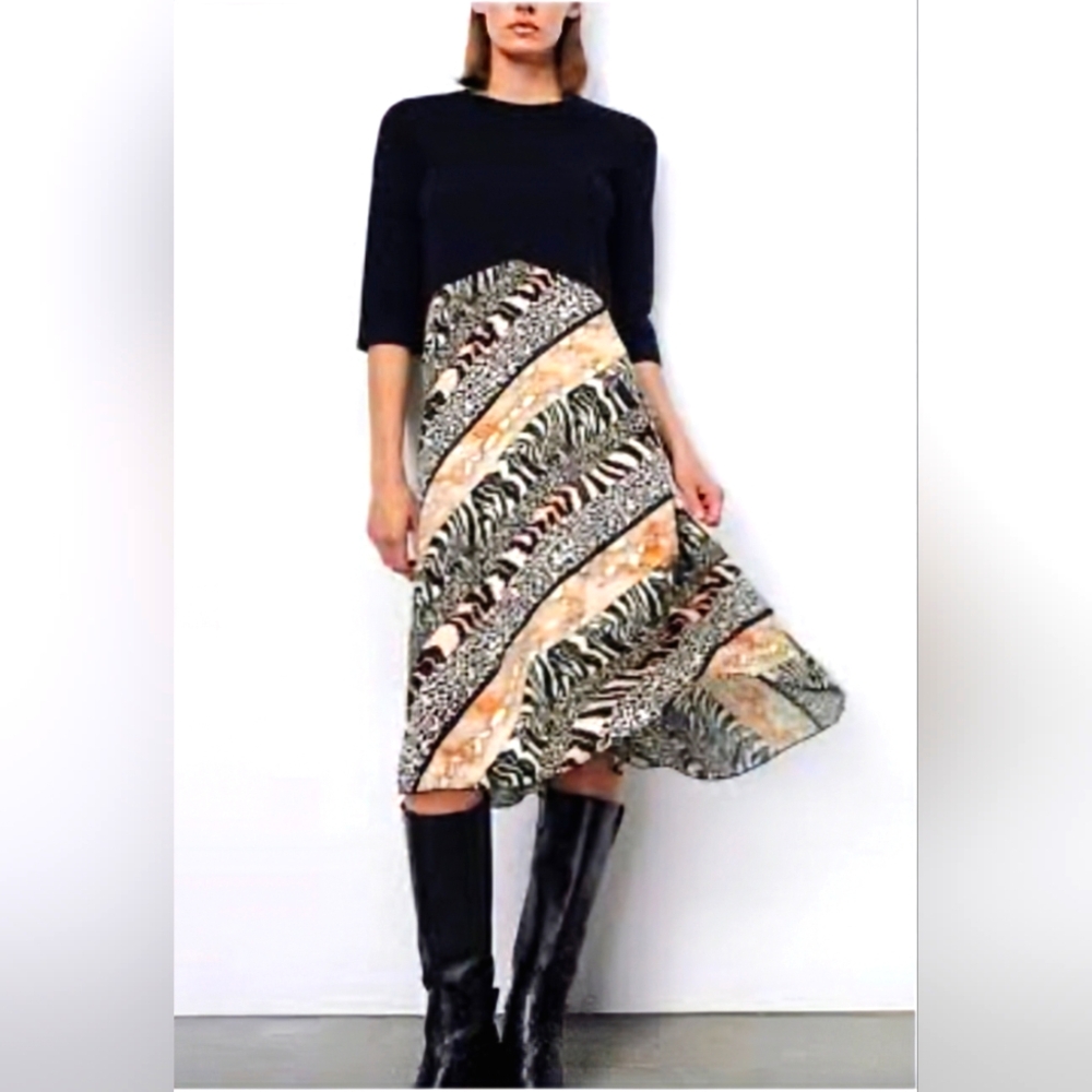 Zara Satin Animal Patch Print Midi Dress Black Brown 3/4 Sleeves A-line Sz M